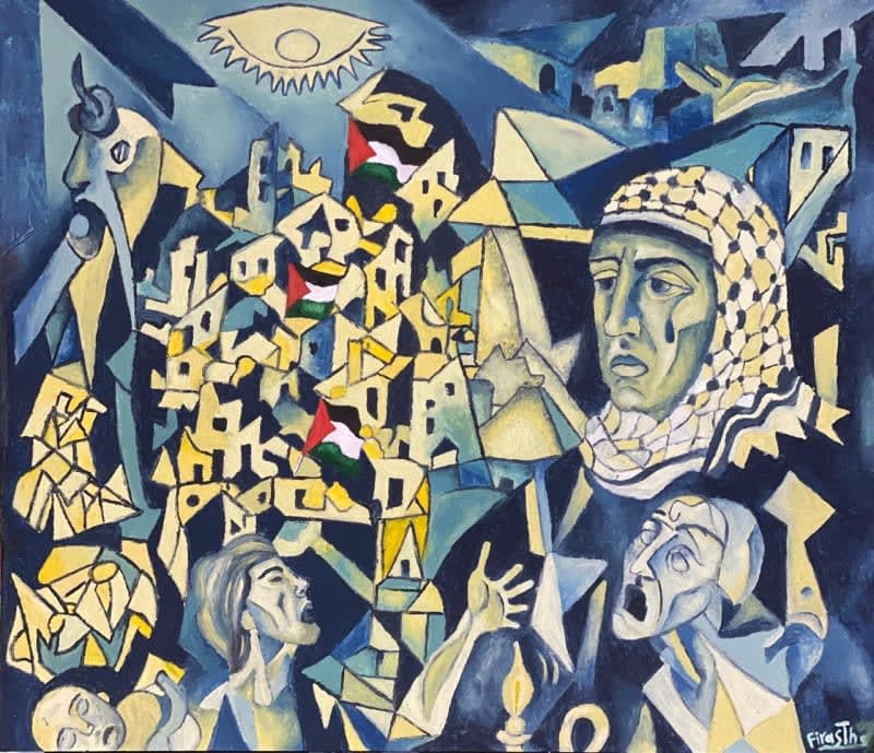 De Gaza al mundo. From Gaza to the world. Gaznica. Firas Thabet, Gaznica, 2025, acrylic on canvas, 127 x 152 cm. ESP ENG