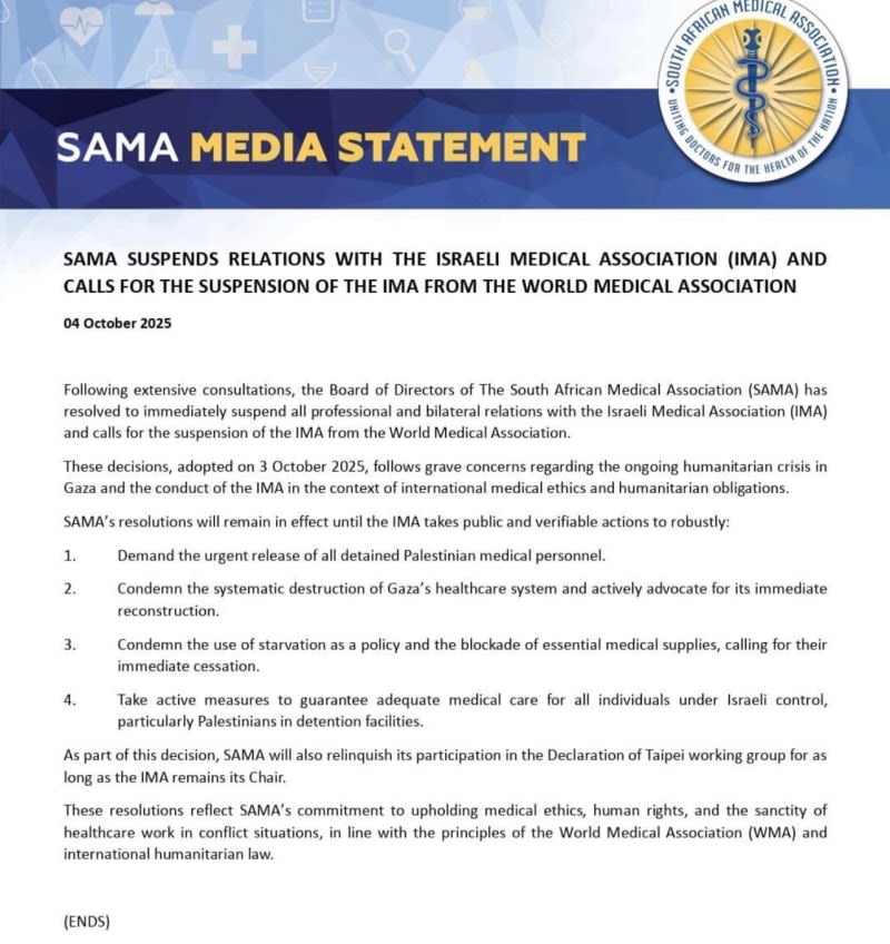 South African Medical Association (Sama) cuts its ties with the Israeli Medical Association (IMA). La Asociación Médica Sudafricana (Sama) corta relaciones con la Asociación Médica Israelí (IMA). ENG ESP