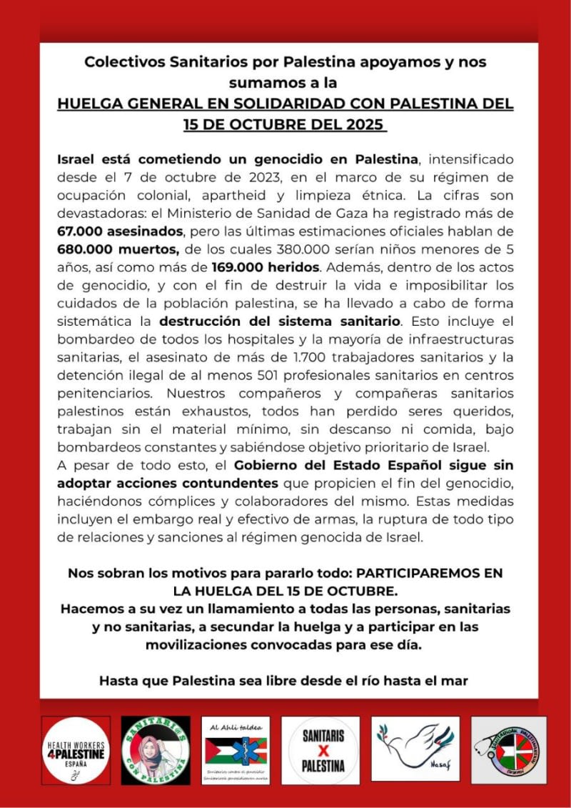 Miércoles 15 de octubre, 2025. Huelga general en solidaridad con Palestina. Apoyamos y nos sumamos colectivos sanitarios por Palestina