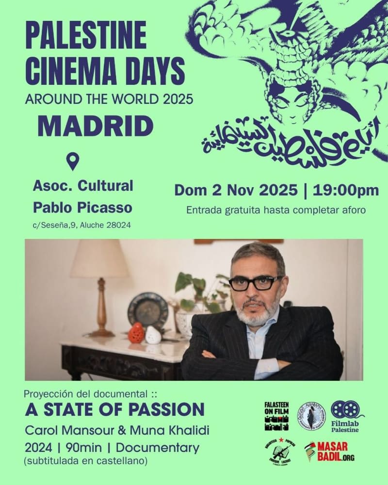 Cine palestino. Documental "A state of passion". Carol Mansour & Muna Khalidi. Domingo 2 nov, 19,00 h. Aluche Madrid