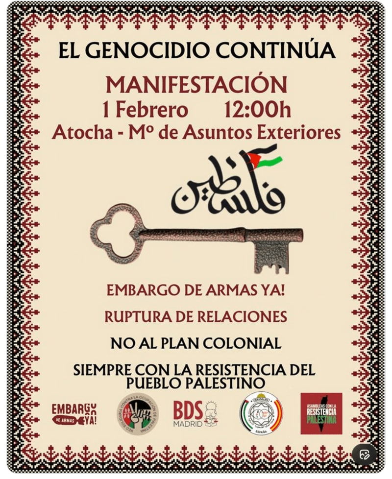 1 febrero. Madrid. Manifestación, 12 h. Atocha-Ministerio Asuntos Exteriores