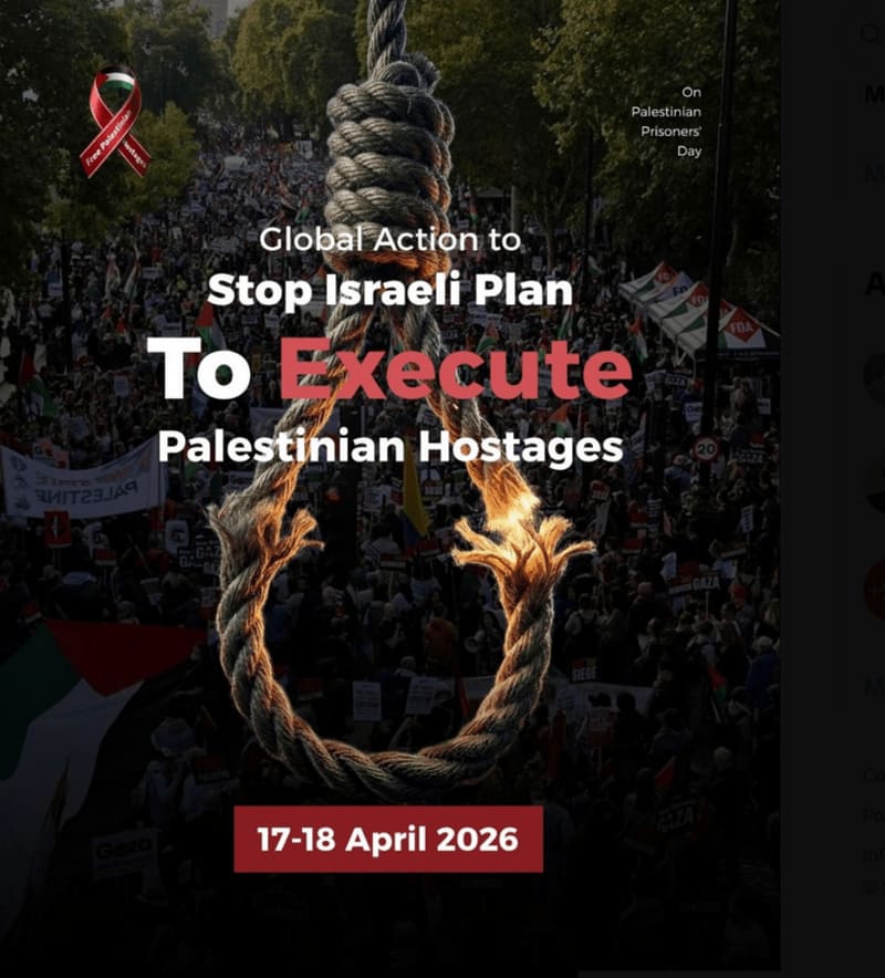 16, 17, and 18 April 2026. Red Ribbons against Isreal’s plans to execute scores of Palestinian detainees. contra los planes de Israel de ejecutar a decenas de detenidos palestinos. ENG ESP