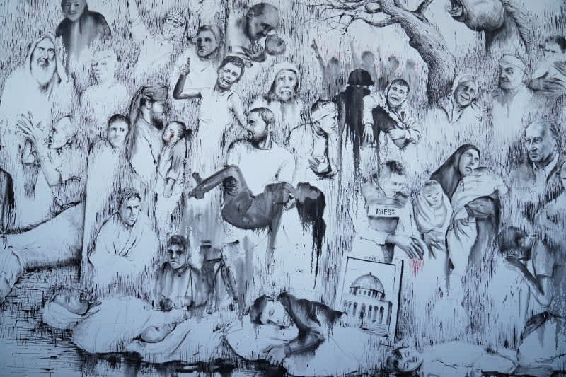 Mural. Turkish artist,  Kasim Tan, "Gaza" onslaught in Istanbul ENG ESP