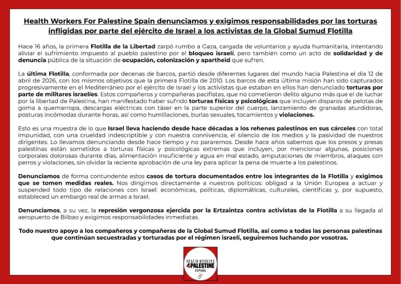 Denuncia y exigencia de responsabilidades por las torturas a participantes secuestrados por Israel, y a todo preso en cárceles israelíes.