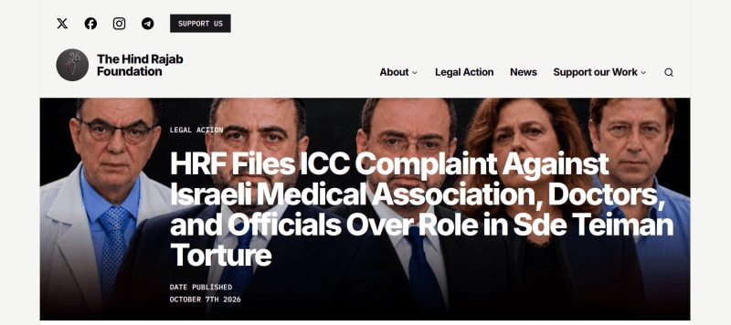War crimes. The Hind Rajab Foundation to the International Criminal Court: involviment of Israeli Ministry of Health and Ministry of Defense officials, the Israeli Medical Association, medical professionals, and hospital administrators. Crímenes de guerra. La Fundación Hind Rajab ante la Corte Penal Internacional: implicación de funcionarios del Ministerio de Salud y del Ministerio de Defensa de Israel, la Asociación Médica Israelí, profesionales médicos y administradores de hospitales. ENG ESP