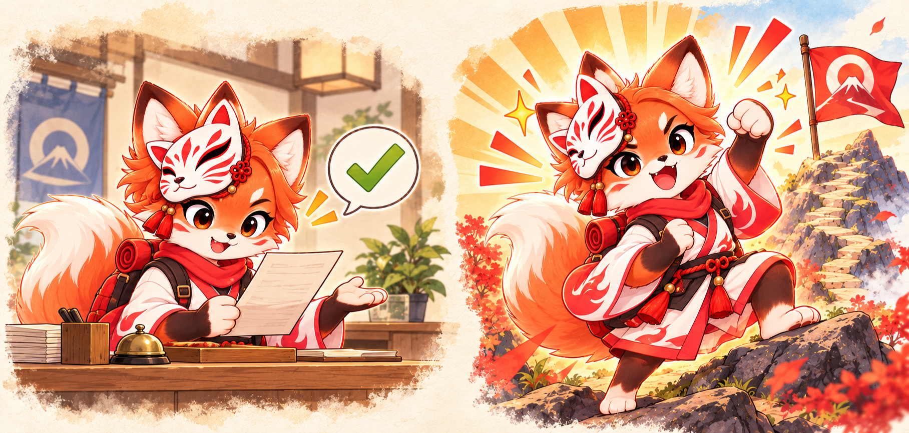 The Ranggo kitsune calmly checks a document at a service counter on one side and strikes a dramatic determined pose beside a goal flag on the other, showing the everyday nuance of 〜てみる versus the forceful resolve of 〜てみせる.