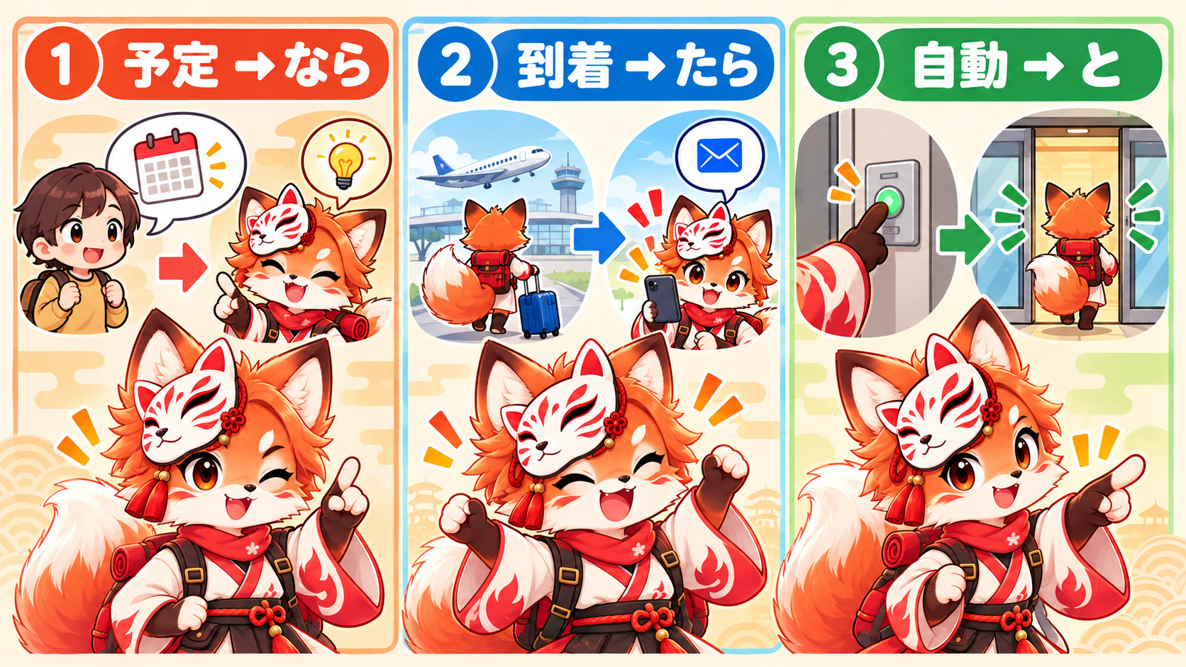 Three panels show 〜なら responding to a stated plan, 〜たら following a completed arrival, and 〜と producing an automatic result; arrows connect each condition to its outcome.