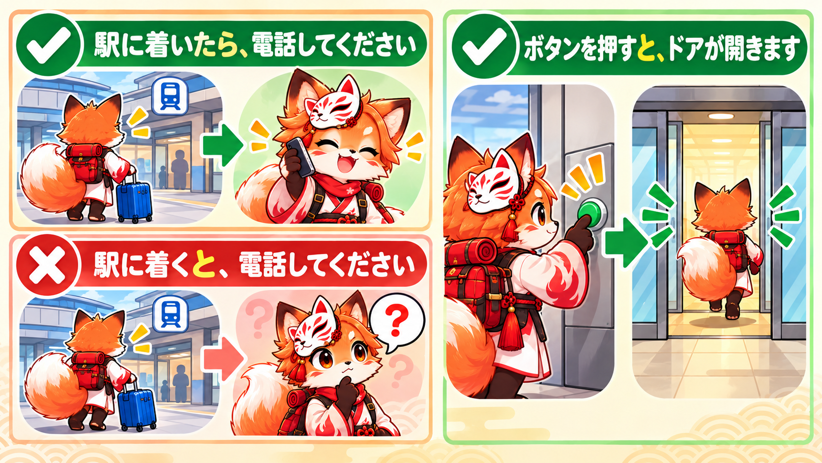 A green-check and red-cross comparison shows that a personal request uses 駅に着いたら、電話してください while an automatic machine result uses ボタンを押すと、ドアが開きます.