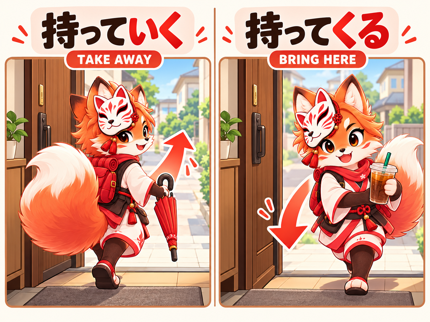 Two-panel comparison: the Ranggo kitsune carries an umbrella away from the doorway with 持っていく, then returns carrying a drink toward the doorway with 持ってくる.