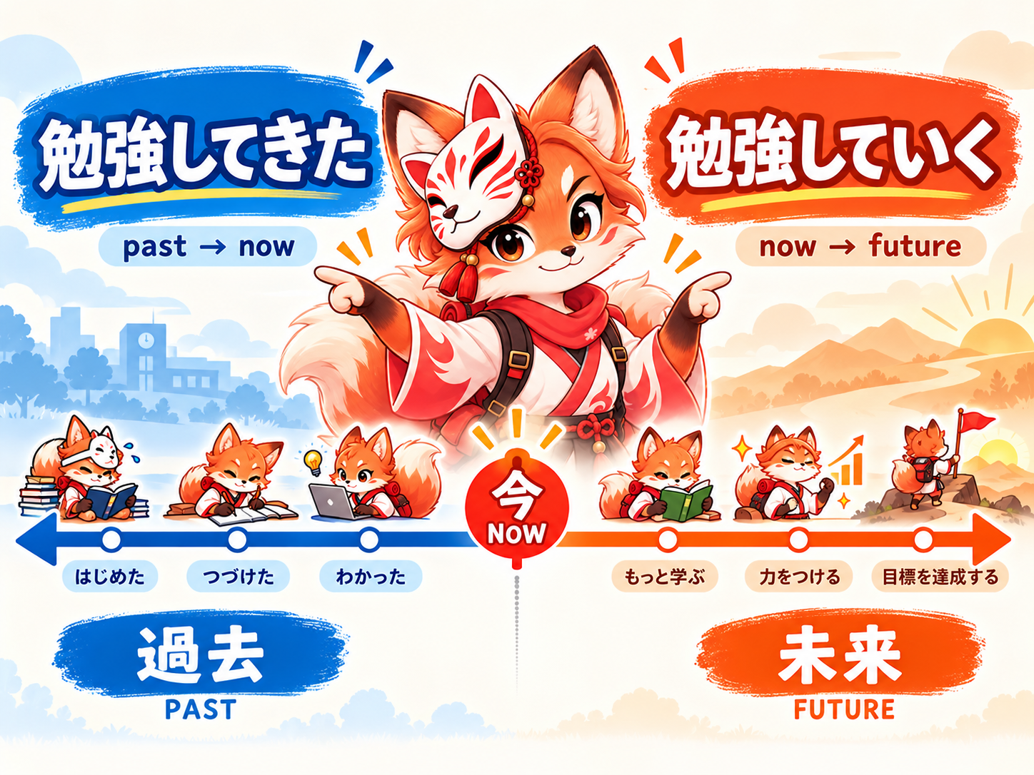 Timeline comparison: blue 勉強してきた moves from past to now, while orange 勉強していく moves from now to the future with the Ranggo kitsune at the reference point.