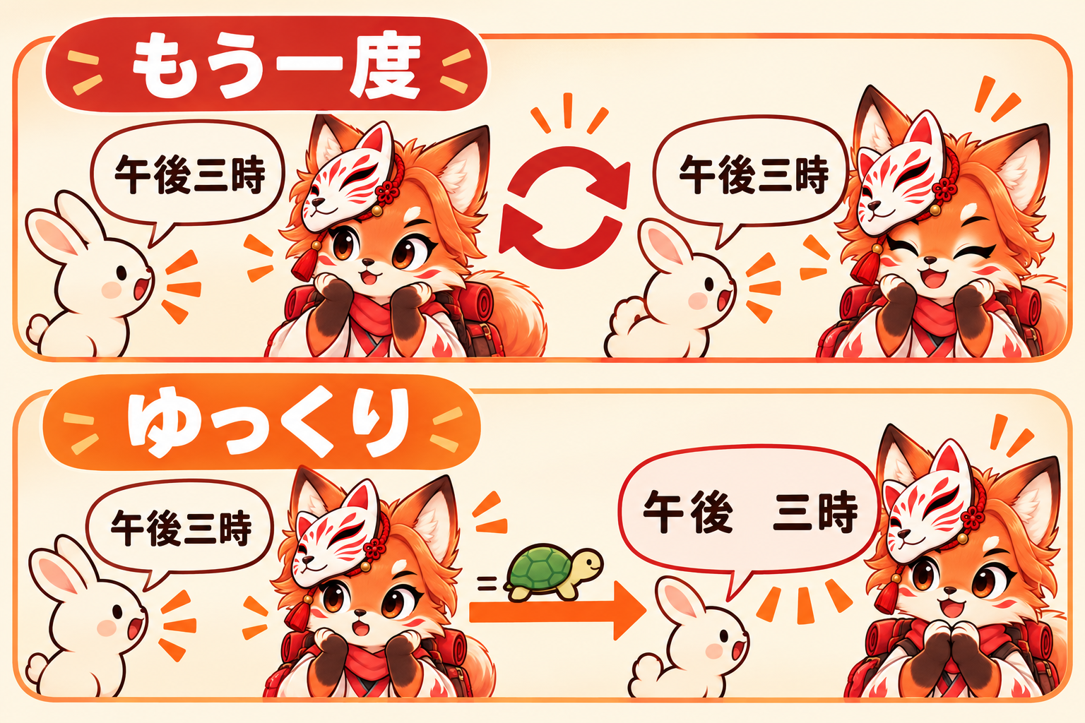 Repeat replays 午後三時; slower speech spaces the same words out. / Pengulangan mengucapkan kembali 午後三時; ucapan lebih pelan memberi jeda pada kata yang sama.