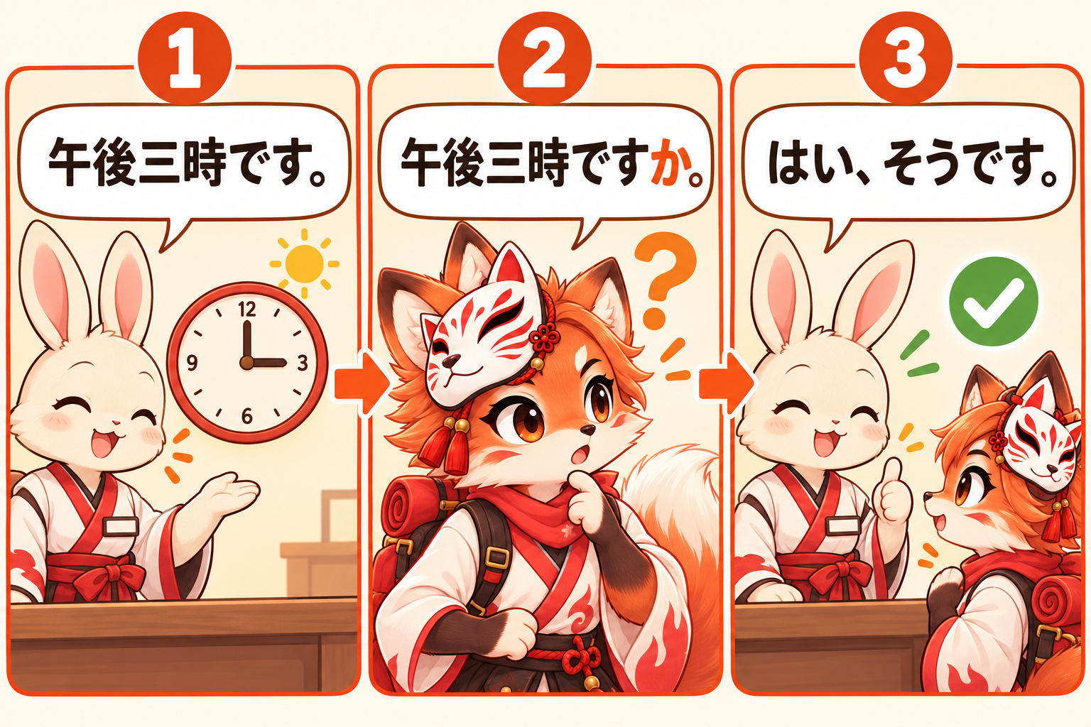 Staff says 午後三時です, the learner asks 午後三時ですか, and staff confirms はい、そうです. / Petugas menyebut pukul tiga sore, pelajar mengonfirmasi dengan pertanyaan, lalu petugas membenarkannya.