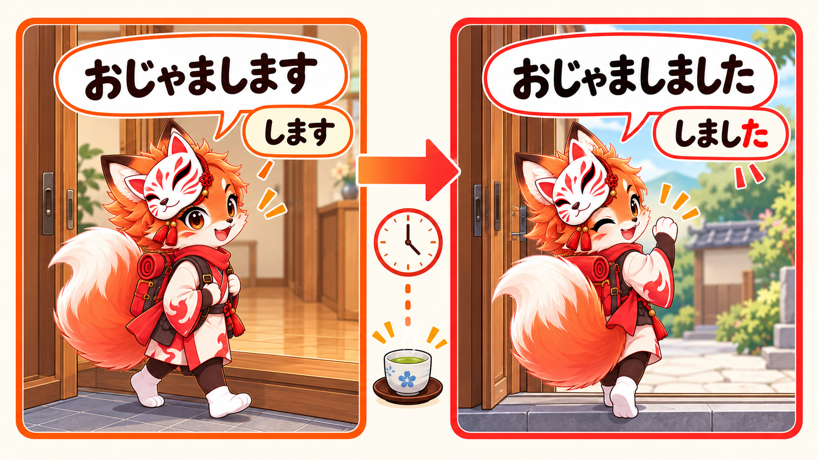 The guest says おじゃまします on entry, then おじゃましました after the visit. / Tamu mengucapkan おじゃまします saat masuk, lalu おじゃましました ketika pulang setelah bertamu.