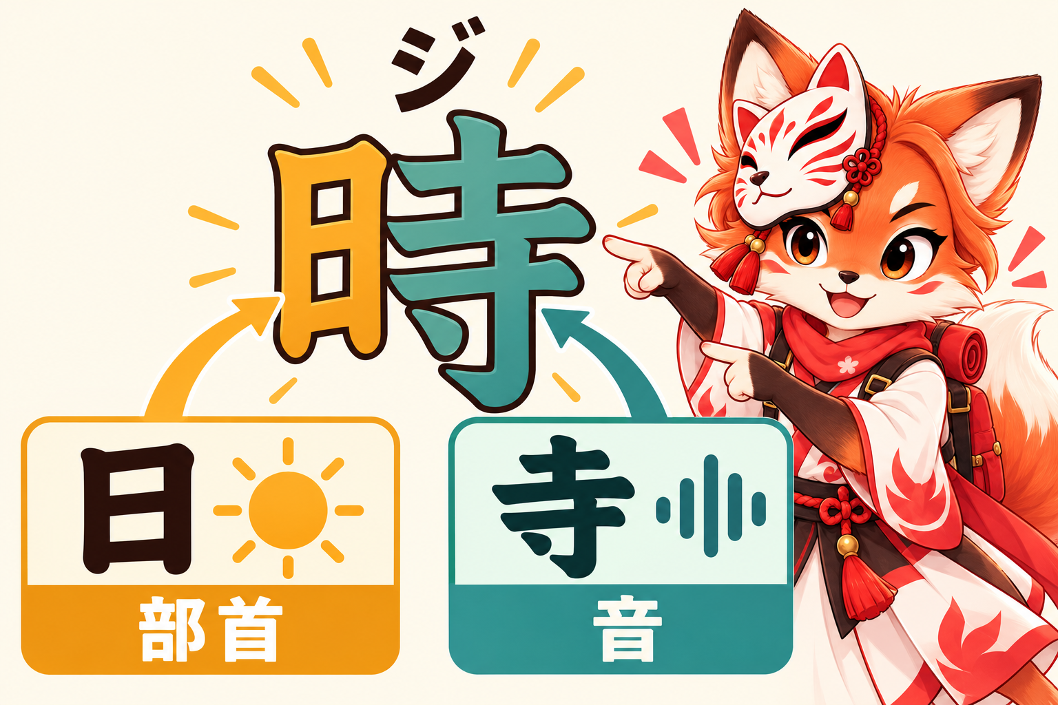 日 is the radical and meaning-side component; 寺 supplies the historical sound-side role in 時. / 日 adalah radikal dan komponen makna; 寺 berperan sebagai komponen fonetik dalam 時.