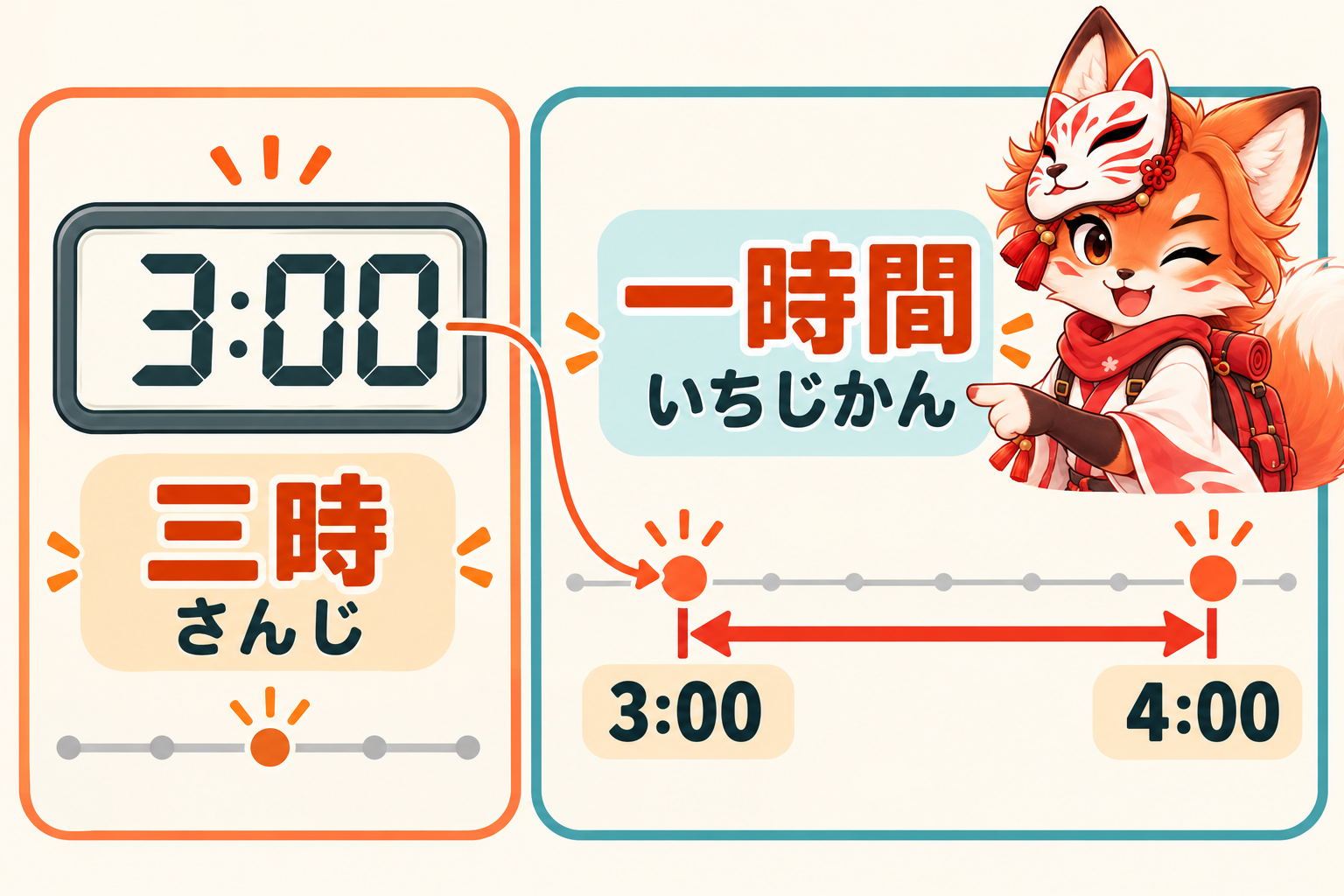 三時 is a point at 3:00; 一時間 spans from 3:00 to 4:00. / 三時 menunjukkan pukul tiga; 一時間 menunjukkan durasi dari pukul tiga sampai empat.