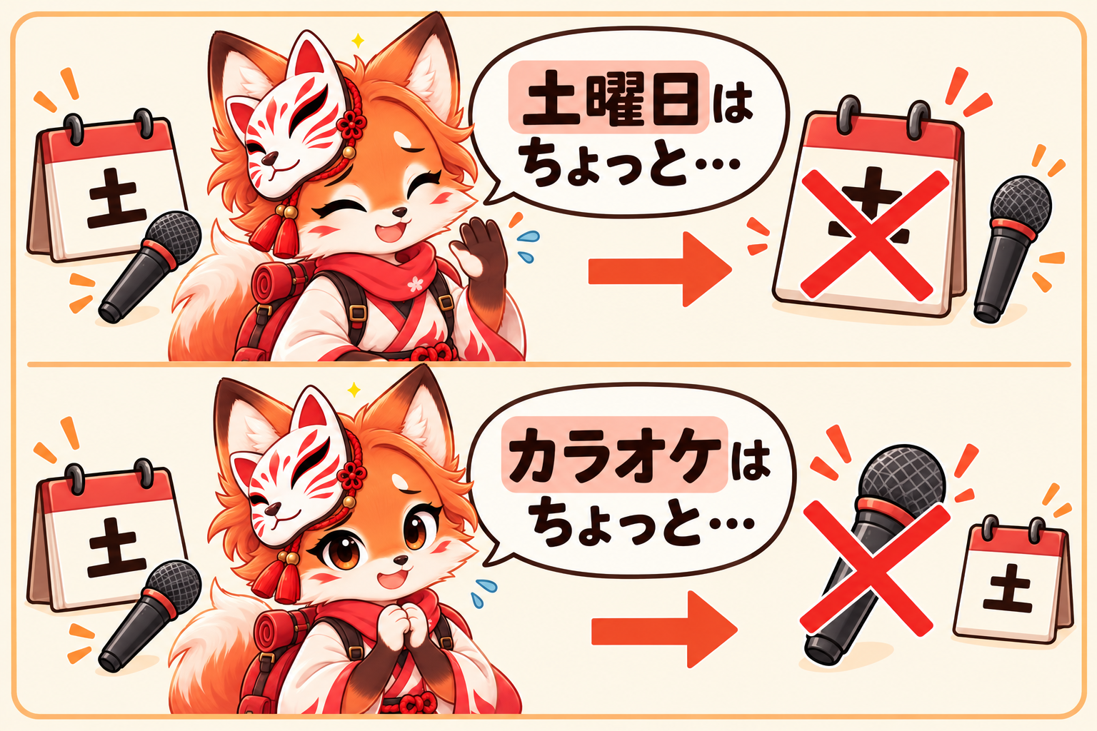 土曜日はちょっと… declines Saturday; カラオケはちょっと… declines karaoke. / 土曜日はちょっと… menolak hari Sabtu; カラオケはちょっと… menolak kegiatan karaoke.