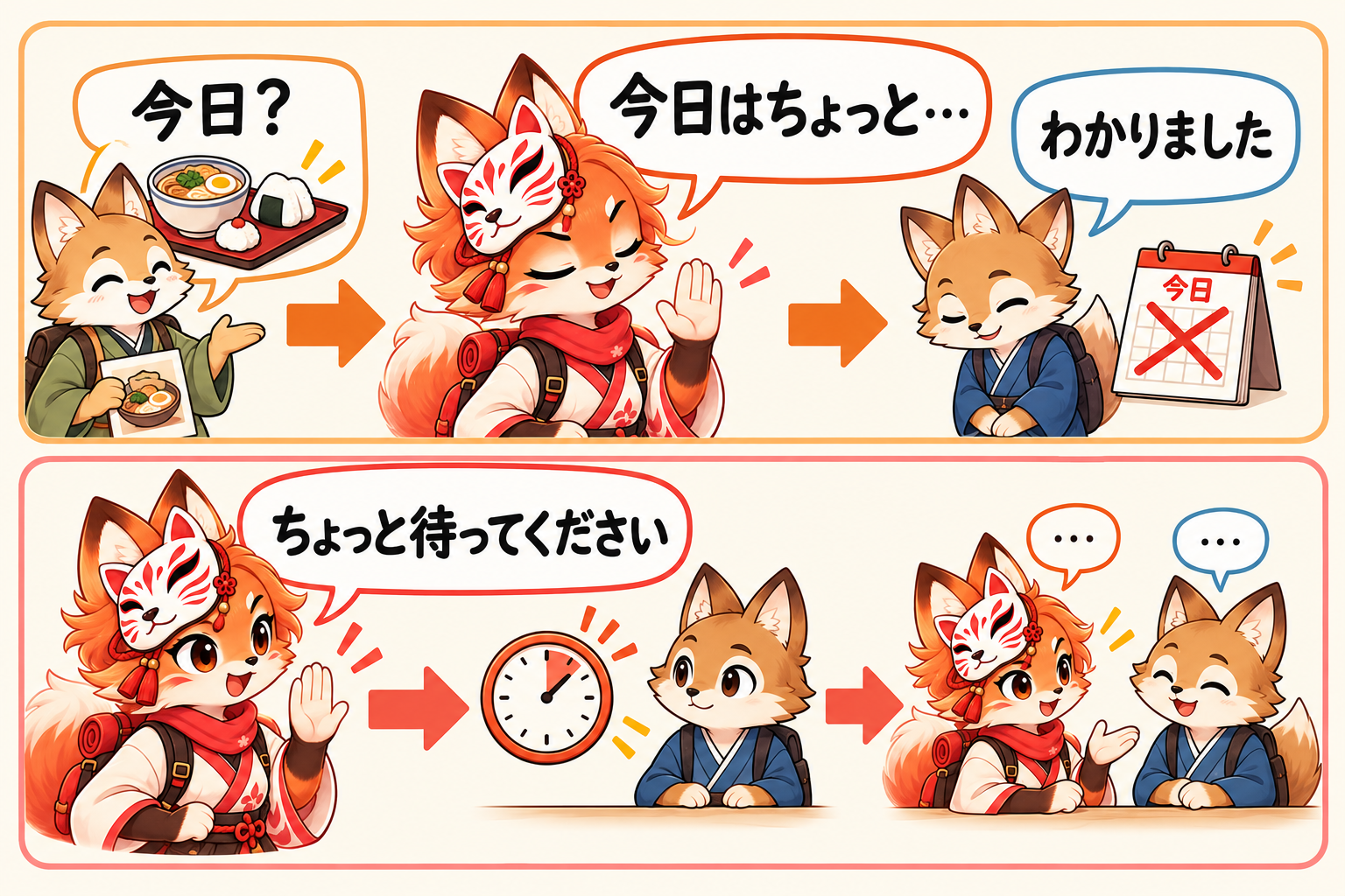 An invitation → 今日はちょっと… → accept the refusal; ちょっと待ってください → pause briefly. / Ajakan → 今日はちょっと… → terima penolakan; ちょっと待ってください → tunggu sebentar.