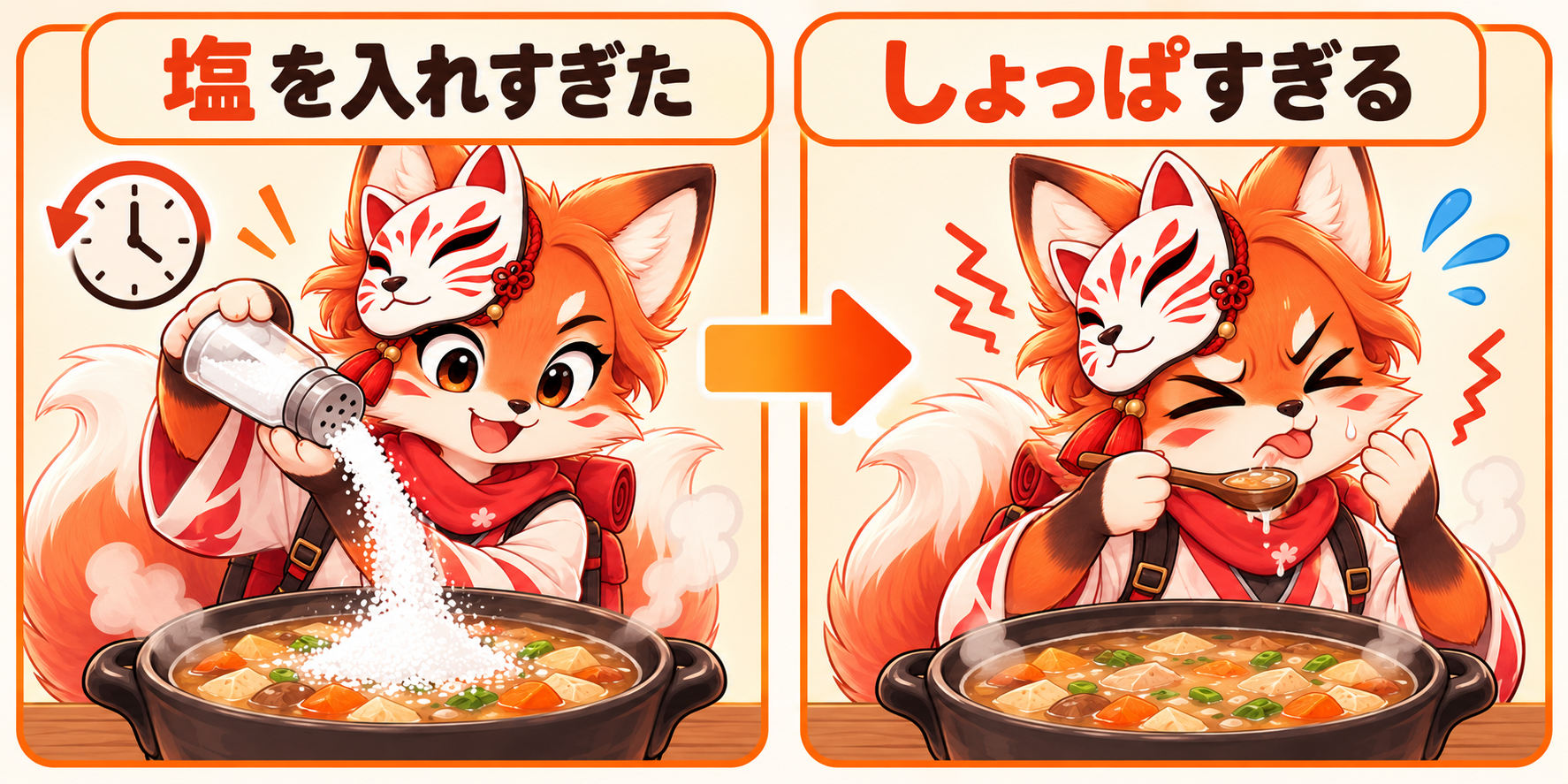 Two panels linked by an arrow: excess salt added in the past, 塩を入れすぎた, causes the soup to taste too salty now, しょっぱすぎる.