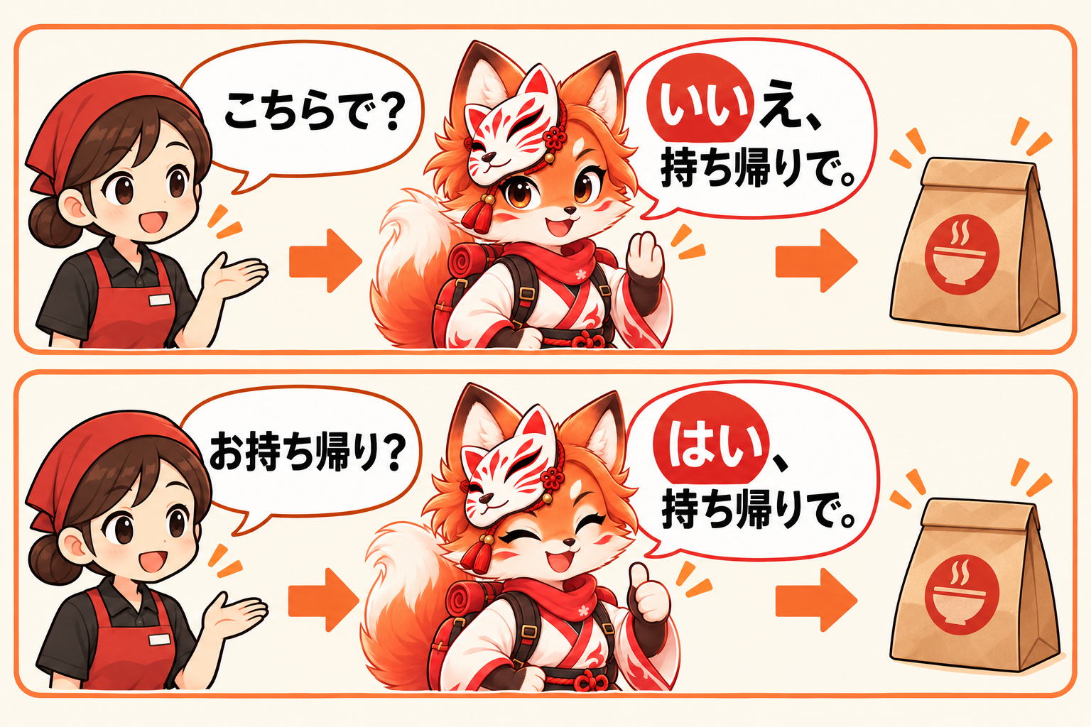 Two question-and-answer flows end in the same takeaway bag: こちらで? → いいえ、持ち帰りで。 and お持ち帰り? → はい、持ち帰りで。