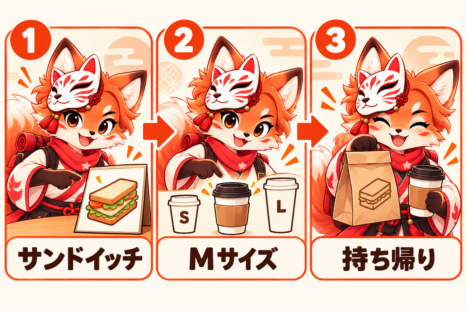 Three panels connected by arrows build one order: choose サンドイッチ, select Mサイズ for the drink, then choose 持ち帰り for the packed sandwich and drink.