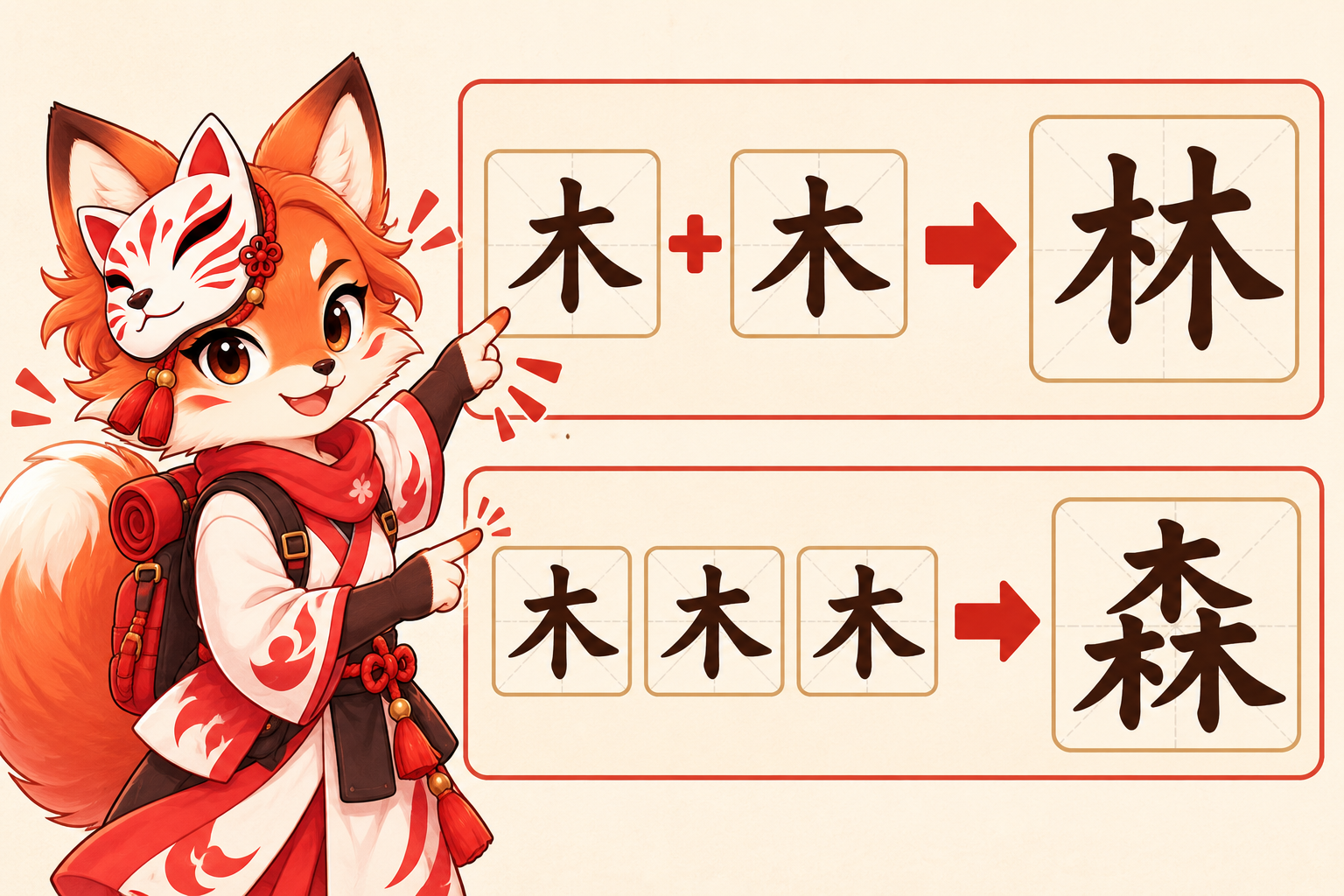 Dua 木 berdampingan menjadi 林; tiga 木 tersusun menjadi 森 dalam satu ruang kanji. / Two 木 combine as 林; three arranged 木 form 森 inside one character space.