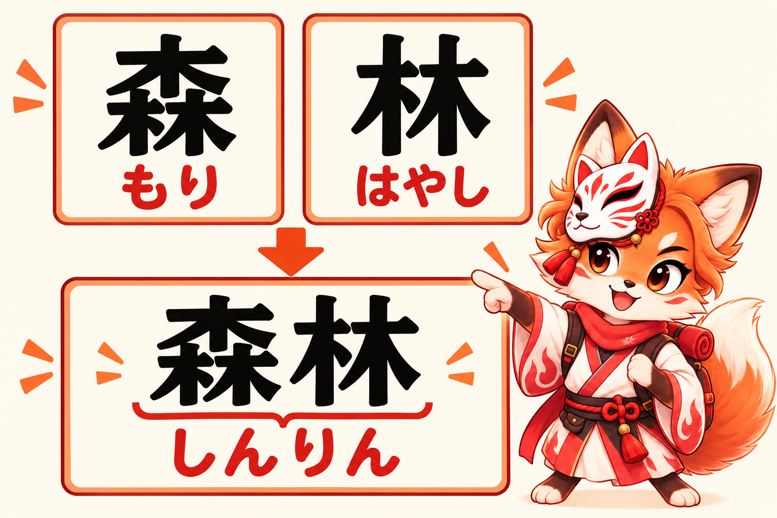 森 dibaca もり dan 林 dibaca はやし; gabungan 森林 dibaca しんりん. / 森 is read もり and 林 はやし; the whole word 森林 is read しんりん.