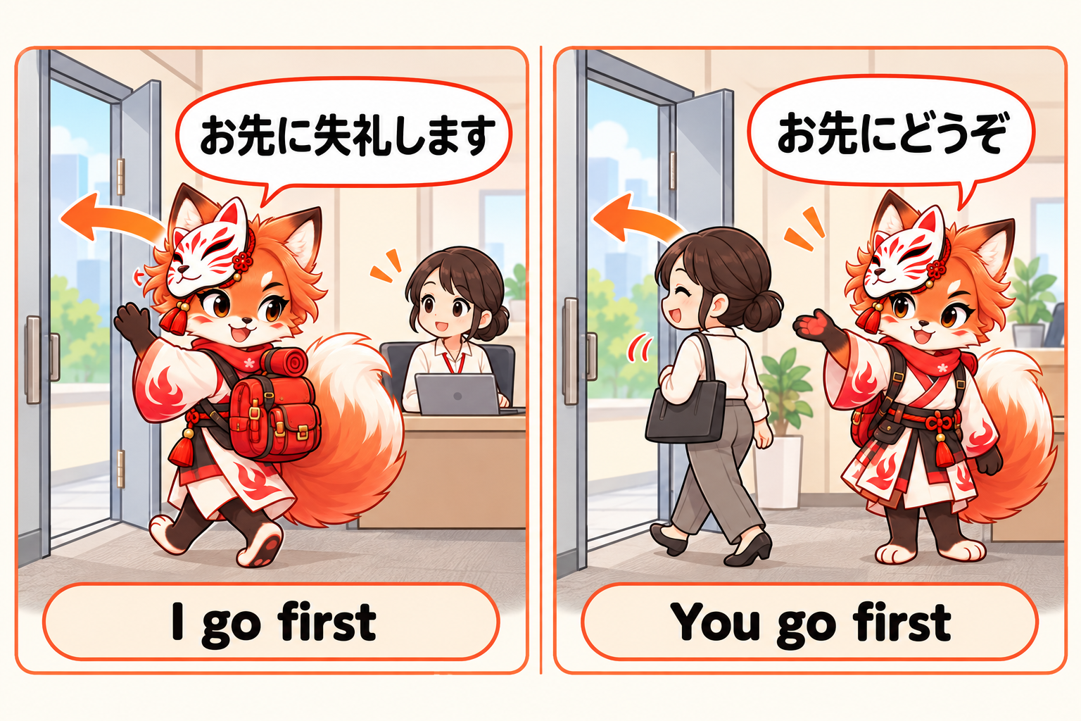 EN: お先に失礼します: I go first; お先にどうぞ: you go first. Arrows identify who moves. ID: お先に失礼します: saya lebih dulu; お先にどうぞ: Anda lebih dulu. Panah menunjukkan siapa yang bergerak.