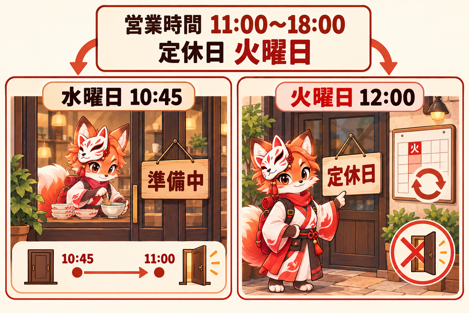 EN: Hours 11-18, Tuesday off: Wed 10:45 preparing, opens 11; Tue 12 closed. ID: Jam 11-18, libur Selasa: Rabu 10.45 bersiap, buka 11; Selasa 12 tutup.
