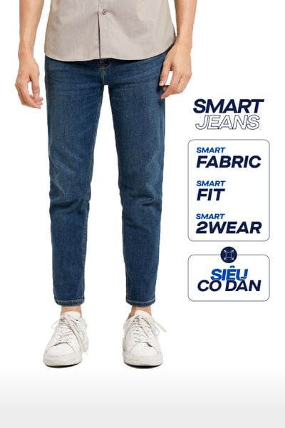 Quần Smart Jeans Nam Siêu Co Dãn Xanh Đậm Trơn Form Smart Fit