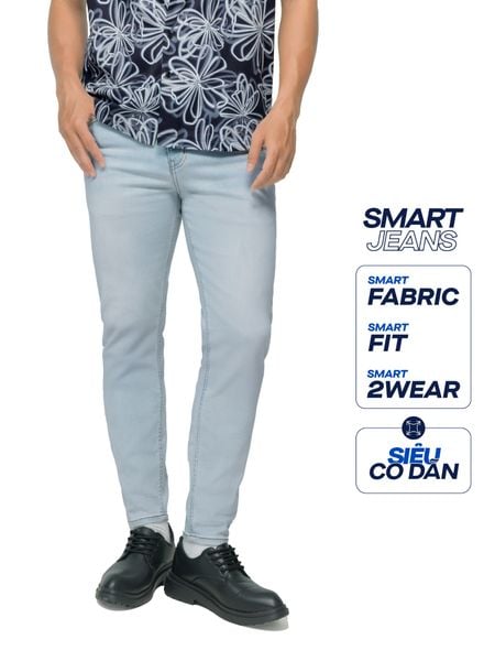 Quần Smart Jeans Nam Siêu Co Dãn Xanh Nhạt Trơn Form Smart Fit