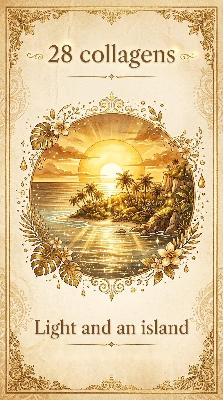 28 collagens · Light and an island
