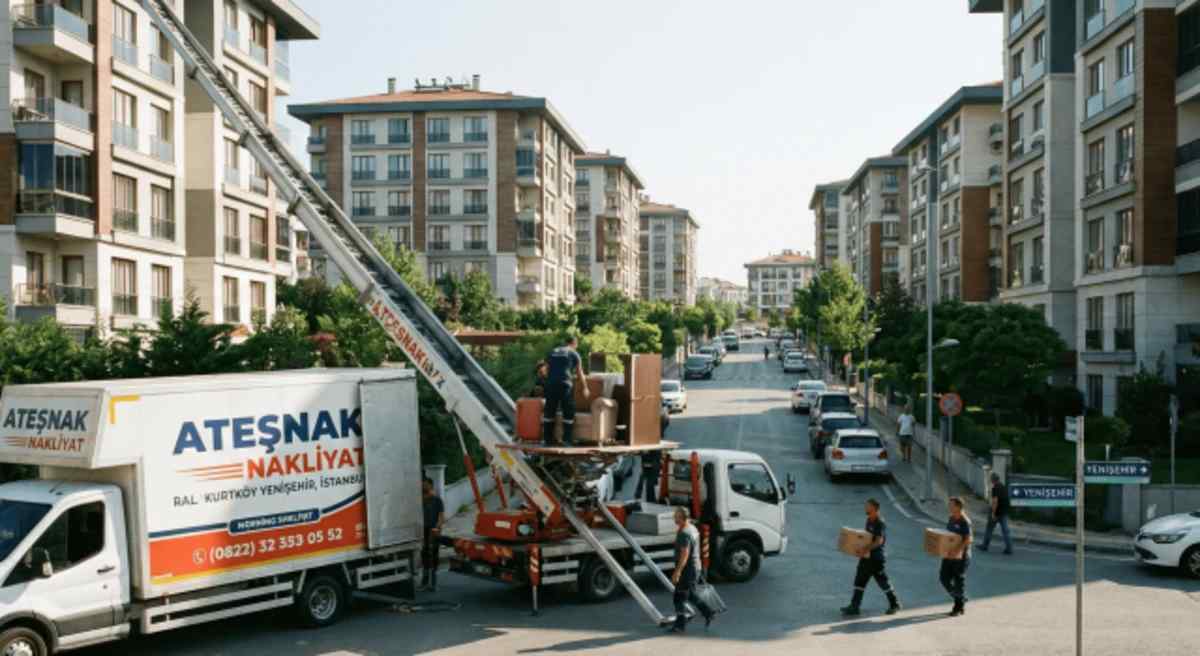 Kurtköyde asansörlü evden eve nakliyat yapan ateşnak kamyonu ve personeli