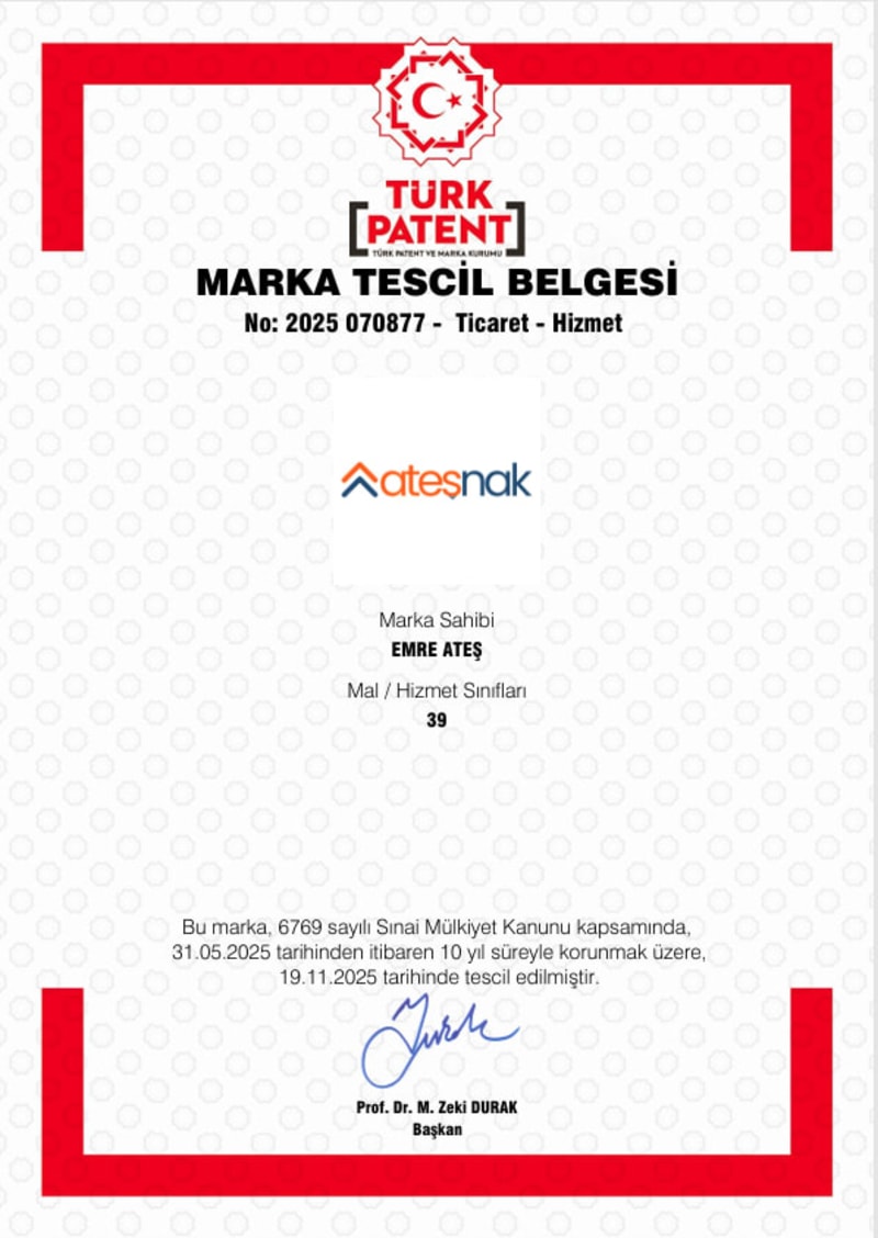 Ateşnak Marka Tescil Belgesi