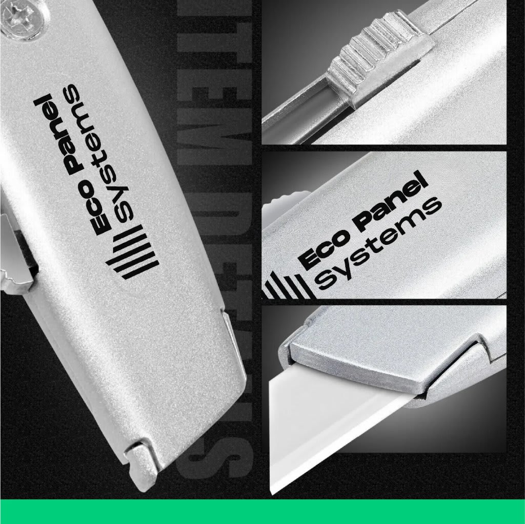 Close-up triptych of a silver utility knife featuring the Eco Panel Systems logo, retractable blade and textured metal body, suitable for packaging, construction, woodworking and industrial tool visuals.
