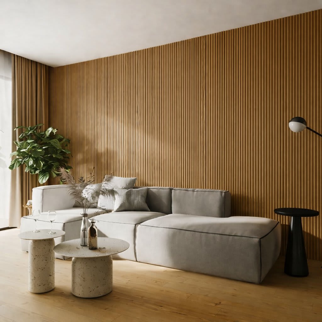 A minimalist interior featuring a tall vertical WPC radiator panel against a light-colored wall, alongside a green potted plant on a warm hardwood floor, evoking modern Scandinavian design and a sense of tranquility.