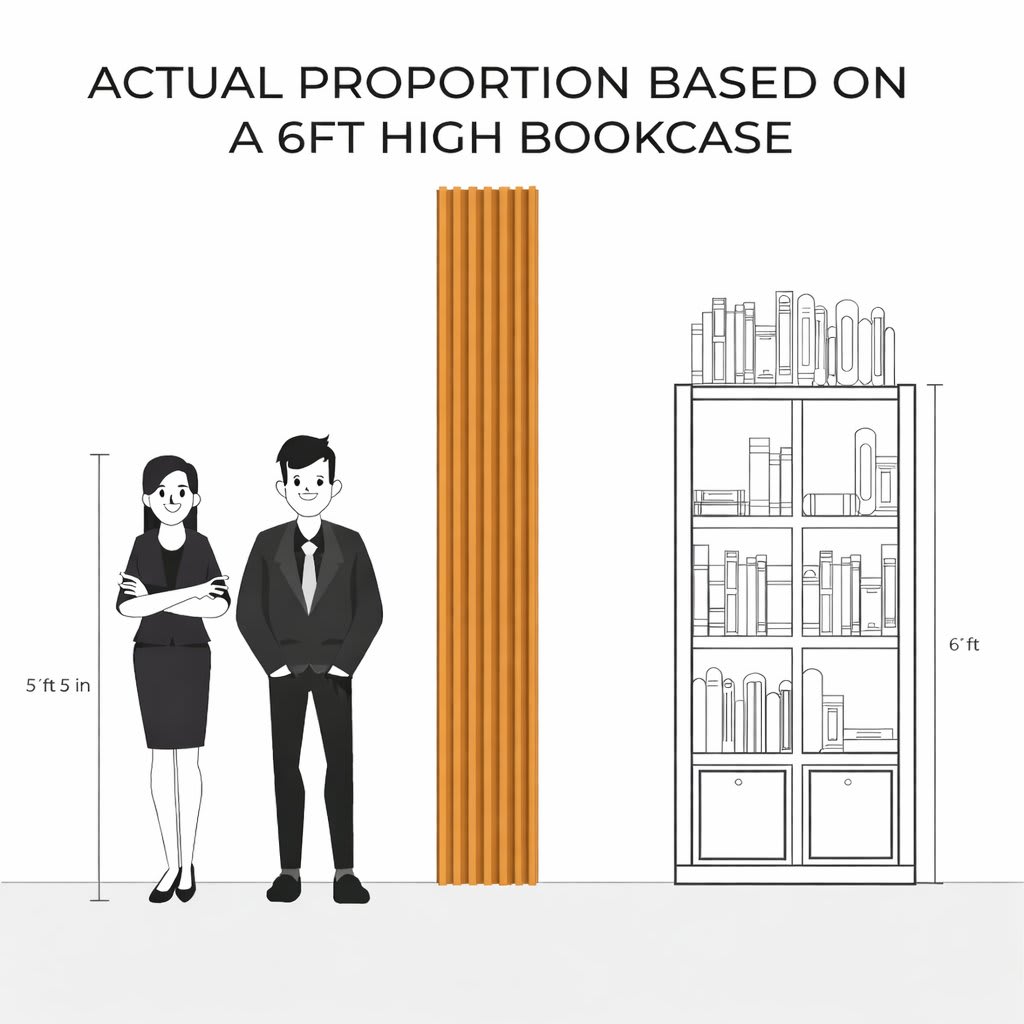 Graphic comparison showing a man and woman standing next to a 6 ft bookcase to illustrate proportion, height and scale for interior design, furniture layout, measurements and reference.