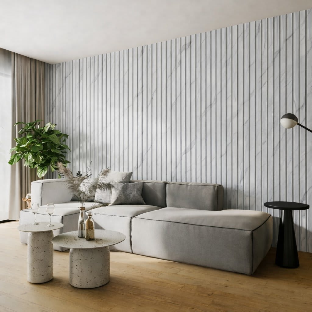 A minimalist interior featuring a tall vertical WPC radiator panel against a light-colored wall, alongside a green potted plant on a warm hardwood floor, evoking modern Scandinavian design and a sense of tranquility.