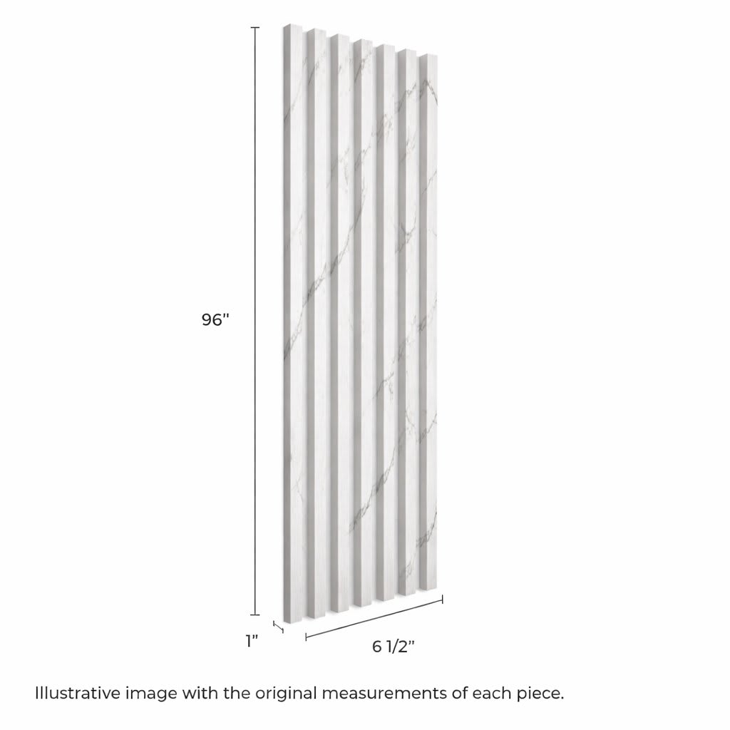 WPC wall panel with vertical slats in a simulated marble finish, 96 inches tall, designed for interior decoration in modern homes, offices, and commercial spaces.
