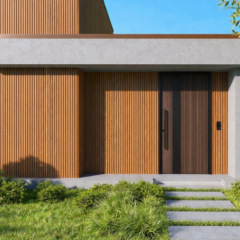 Sunlit modern house entrance featuring wpc wall panels, large dark front door and concrete steps framed by green lawn and low shrubs, conveying contemporary minimalist architecture and curb appeal.