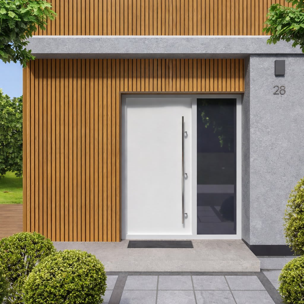 Sleek modern house entrance featuring vertical wpc wall panels, glass sidelight, concrete porch and manicured shrubs for strong curb appeal.