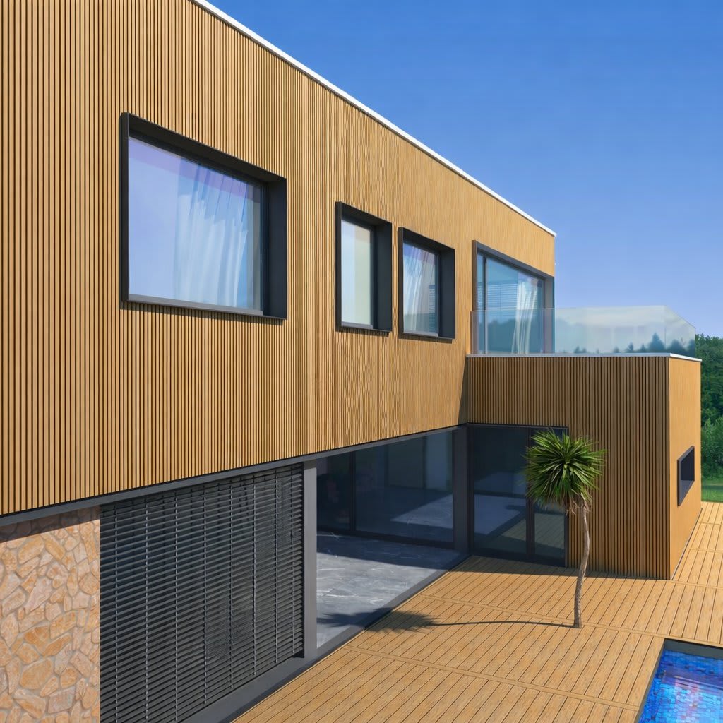 Contemporary two-story home with vertical wpc wall panels, large windows and a glass balcony opening onto a wooden deck and pool. Clean minimalist exterior, natural materials and relaxed outdoor living in a verdant setting.