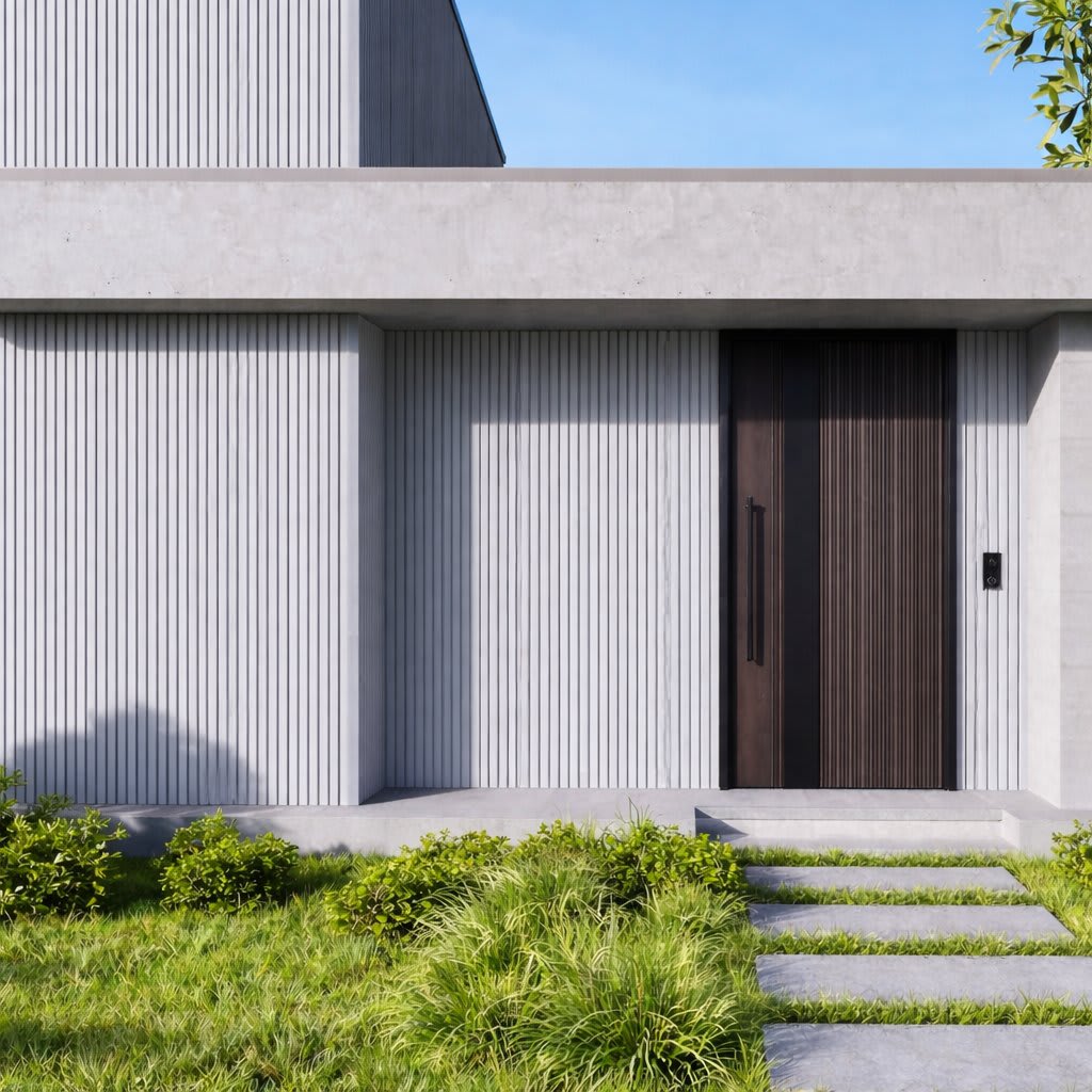 Sunlit modern house entrance featuring wpc wall panels, large dark front door and concrete steps framed by green lawn and low shrubs, conveying contemporary minimalist architecture and curb appeal.