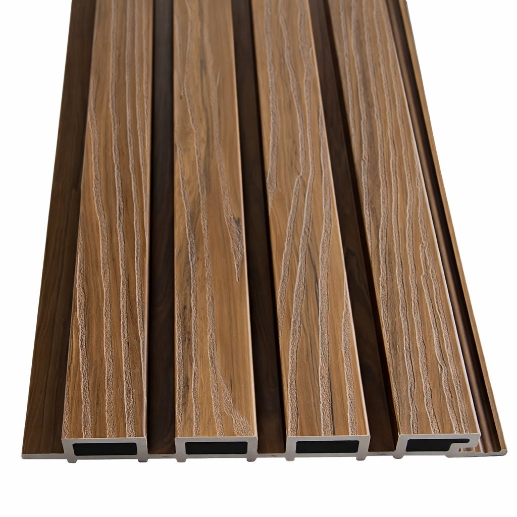 Sleek WPC Wall panels and a natural wood-grain finish, perfect for outdoor flooring, patios, terraces, facades, modern architectural cladding, or DIY renovation projects.