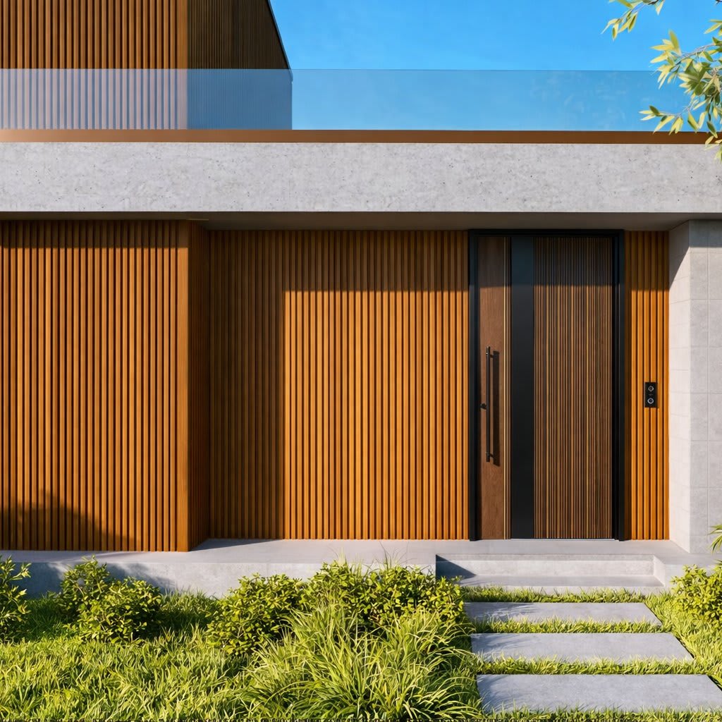 Sunlit modern house entrance featuring wpc wall panels, large dark front door and concrete steps framed by green lawn and low shrubs, conveying contemporary minimalist architecture and curb appeal.