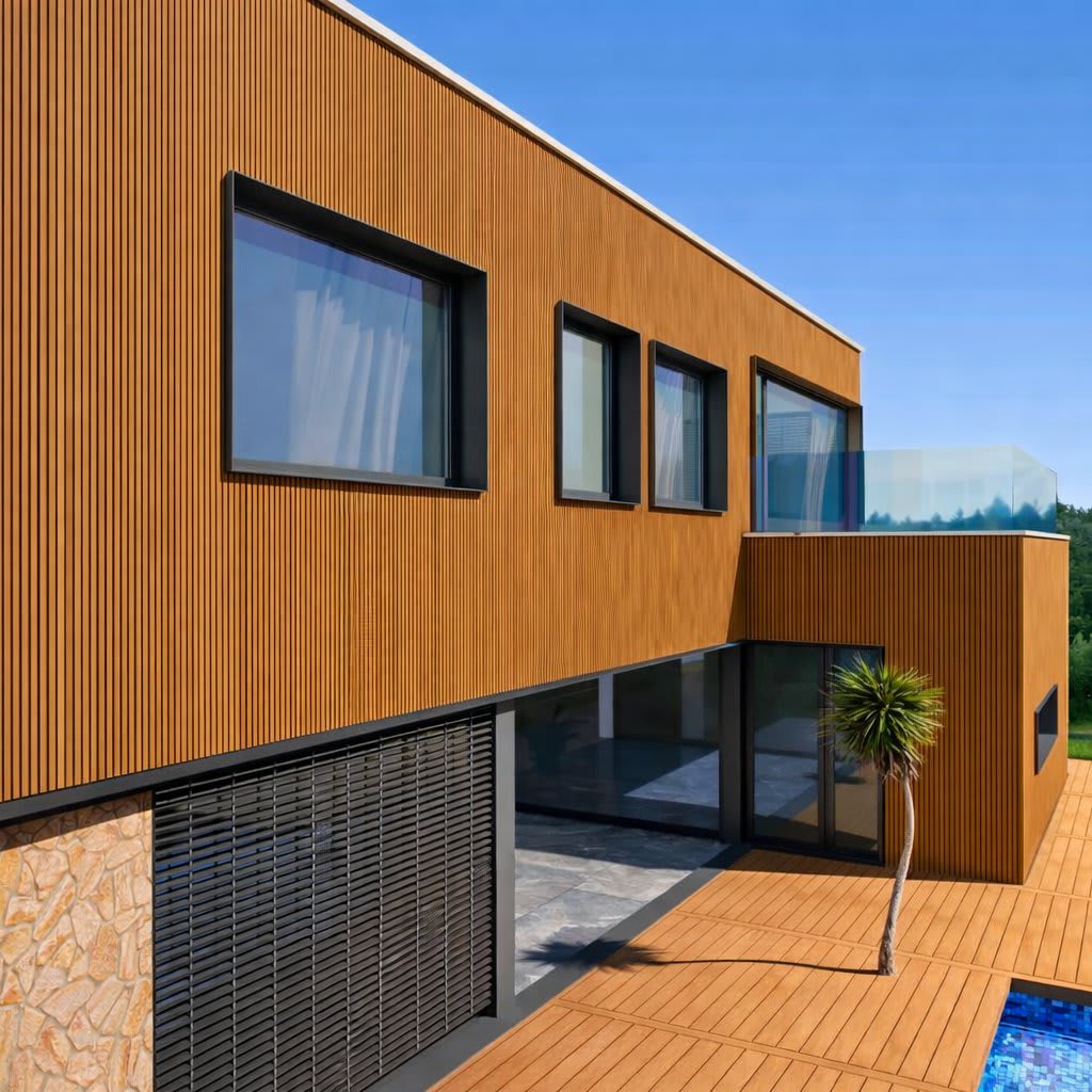 Contemporary two-story home with vertical wpc wall panels, large windows and a glass balcony opening onto a wooden deck and pool. Clean minimalist exterior, natural materials and relaxed outdoor living in a verdant setting.