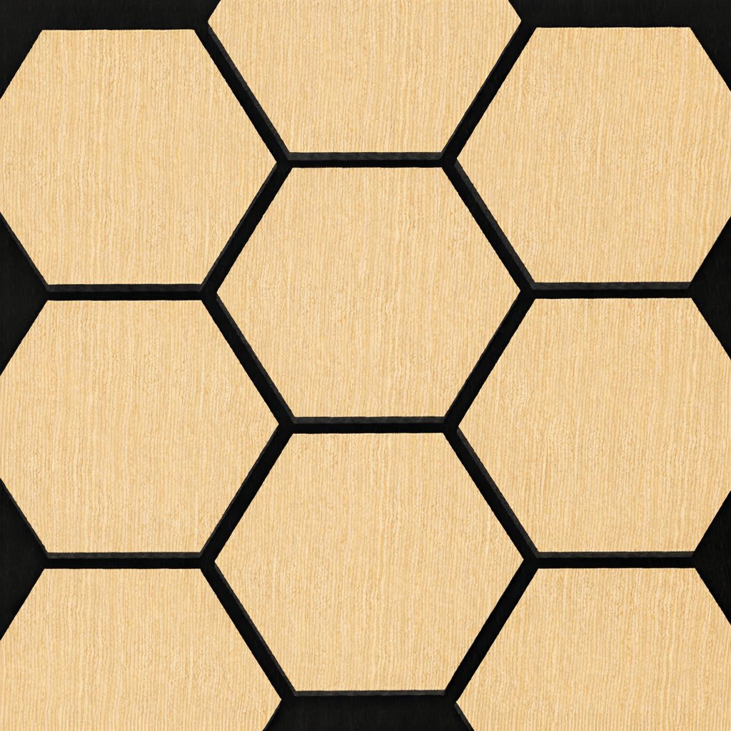 Repeating wpc wall panel hexagon honeycomb pattern with black grout and visible wood grain. A modern geometric background suitable for design, interior decor, architecture, packaging, seamless texture, and surface art.