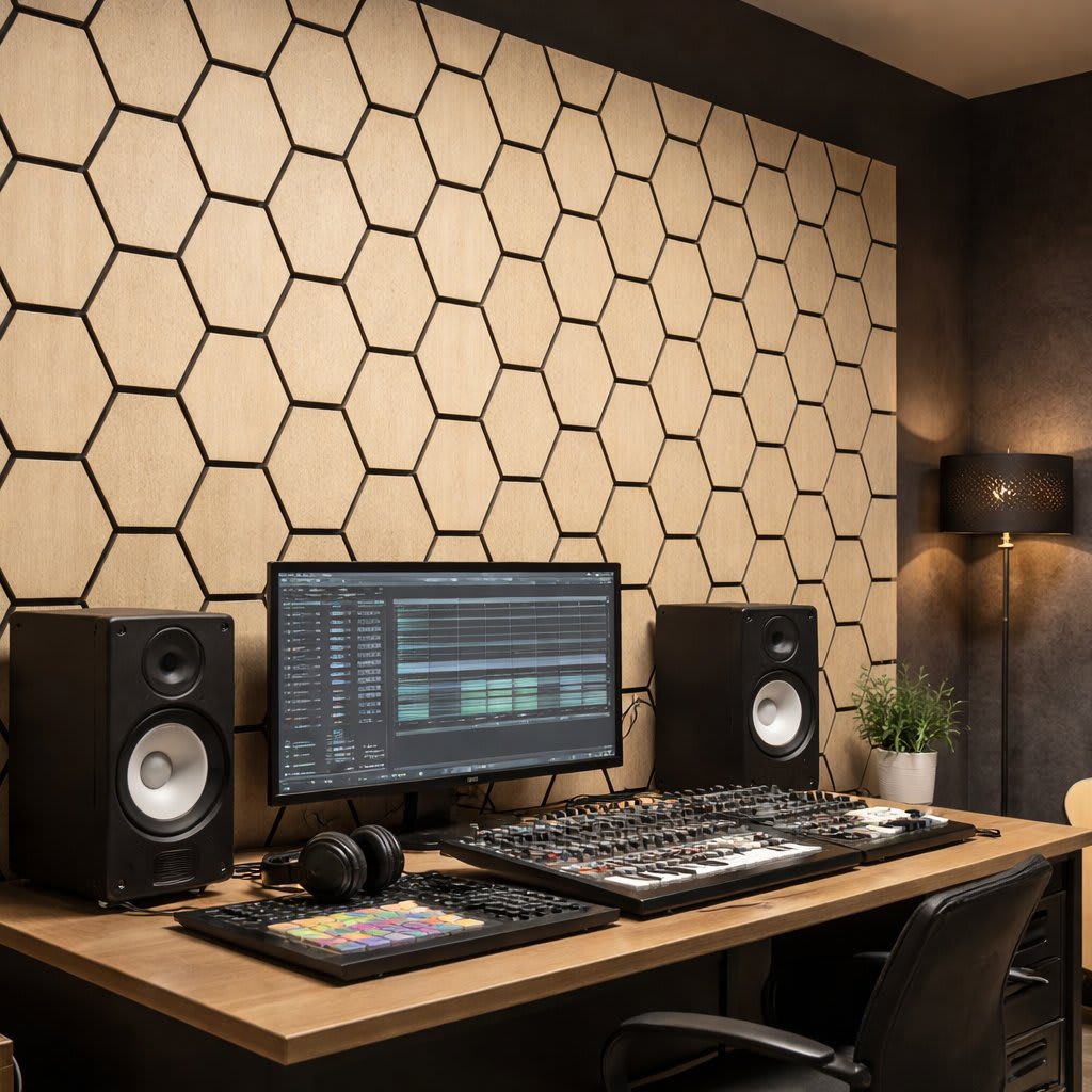 A modern home music studio workspace with mixing console, studio monitors, computer screen showing audio software, headphones and ambient lighting. Warm honeycomb acoustic wall panels create a creative, professional feel.