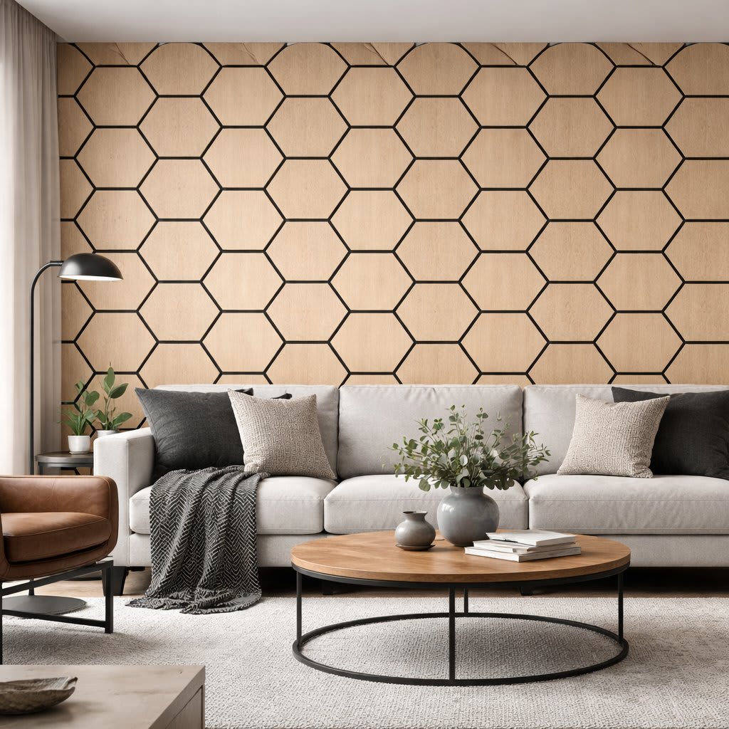 Modern neutral living room featuring hexagon-pattern acoustic wall panels, round coffee table, leather armchair and layered textiles for a cozy, stylish contemporary interior.
