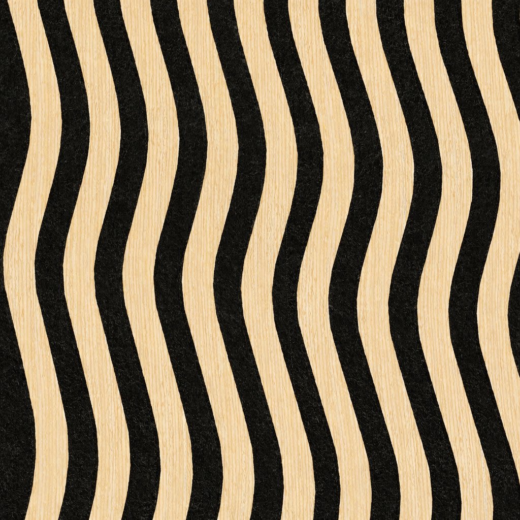 Wavy acoustic white oak wpc wall panels create an organic, high-contrast abstract background with visible grain. Stylish retro optical pattern suitable for design, packaging, wallpaper, sound absorbing, and interior decor projects.