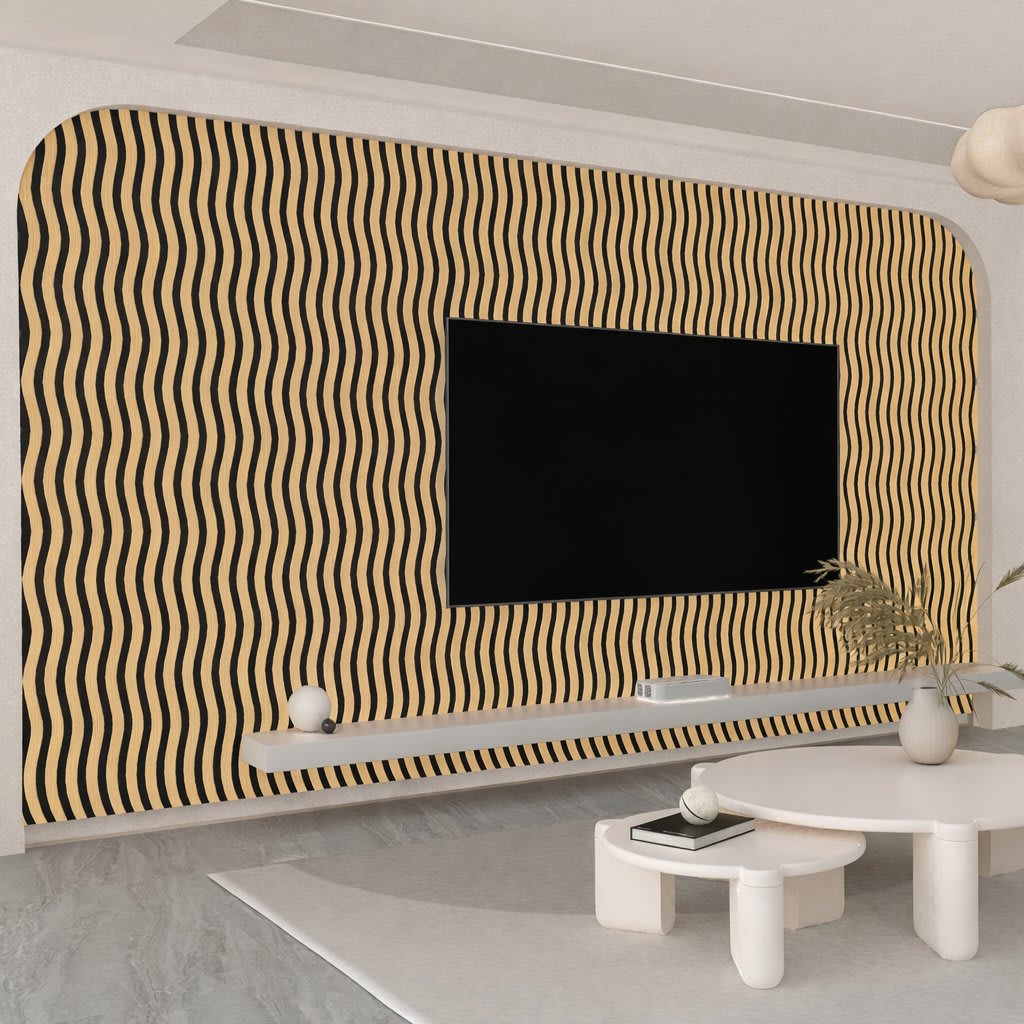 A modern living room featuring a flat-screen TV integrated into undulating wall panels made of acoustic white oak, minimalist white furniture, sculptural coffee tables, and a decorative vase, all coming together to create an elegant, contemporary living space.